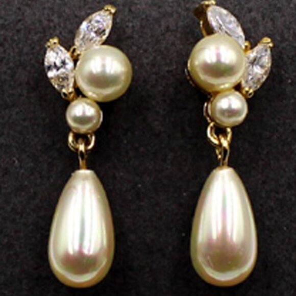 14K CZ and Pearl Dangle Drop Earrings - Picture 1 of 9